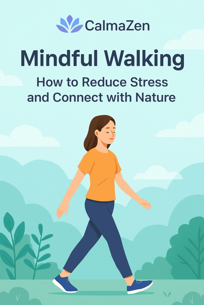 Illustration of a woman practicing mindful walking outdoors, promoting stress relief and connection with nature