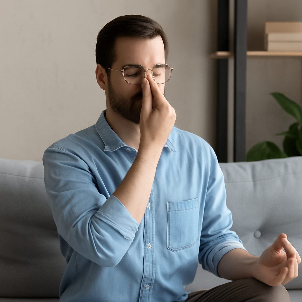Young man practicing breathing techniques to reduce anxiety in a calm urban setting.