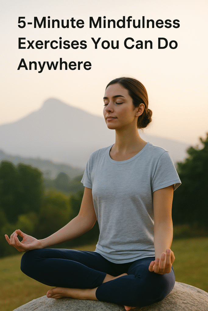 Woman meditating on a rock at sunset with mountains in the background