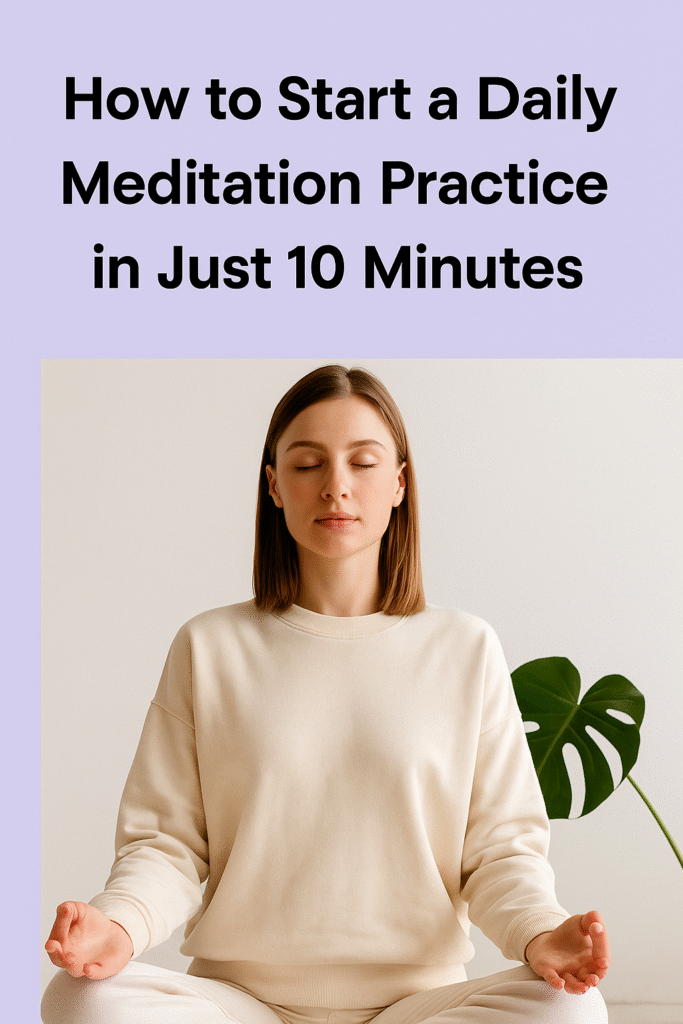 Woman in cream sweater meditating indoors with eyes closed next to meditation tip headline