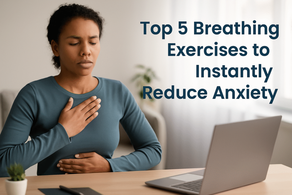 Woman practicing deep breathing while seated at desk, with calming text about reducing anxiety