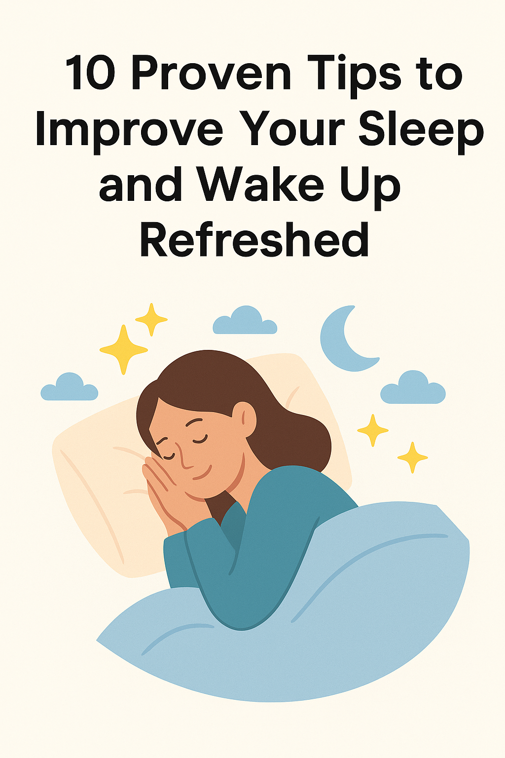 Illustration of a woman sleeping happily with stars and clouds, promoting sleep improvement tips