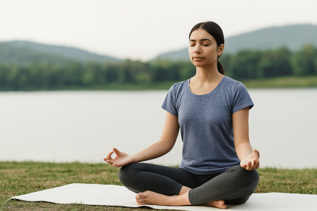 Young woman practicing mindfulness meditation outdoors.