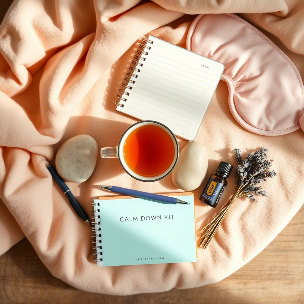 An image featuring a "Calm Down Kit" arranged on a wooden surface surrounded by relaxing items. It includes an open spiral notebook, a hot cup of tea, a pen, a mechanical pencil, incense sticks, a lavender essential oil bottle, an eye mask, and a small book with the text "CALM DOWN KIT." Everything is placed on a soft pink fabric, creating a cozy and calming atmosphere.