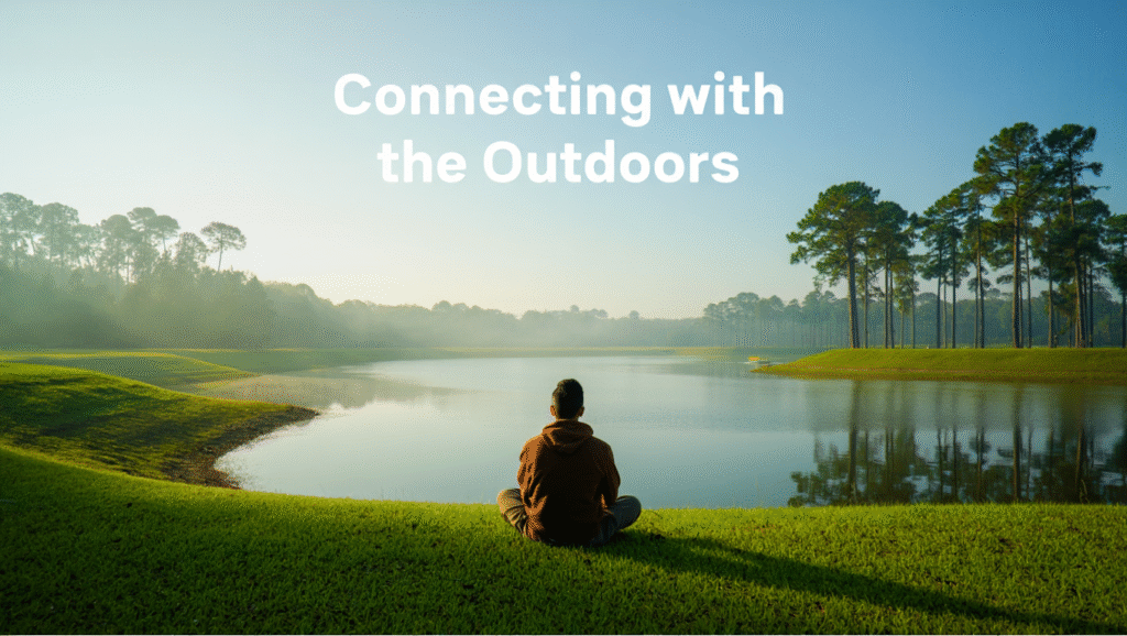 A person sitting calmly in a beautiful natural landscape, surrounded by trees and water, symbolizing peace and well-being gained from connecting with the outdoors.
