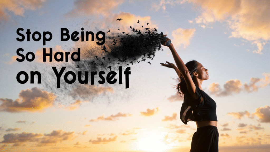 Person viewed from behind releasing a dark, shadowy cloud, symbolizing the inner critic, into a bright sky, looking relieved. Visual metaphor for healing the inner critic and overcoming self-doubt.