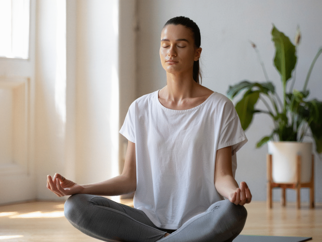 Person practicing deep breathing for anxiety relief in a peaceful setting.
