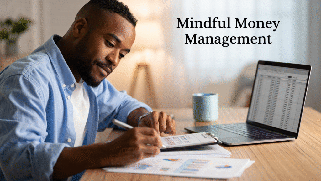 A person thoughtfully reviewing their finances, symbolizing peace of mind and control through mindful money management.