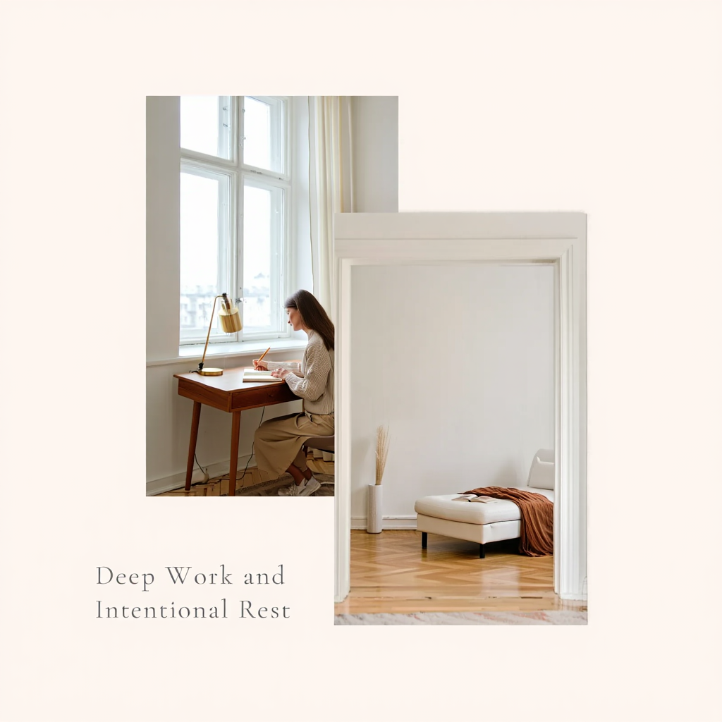 A person deeply focused on a task in a minimalist environment, with a separate area suggesting calm and relaxation, symbolizing the balance between focused work and intentional rest.
