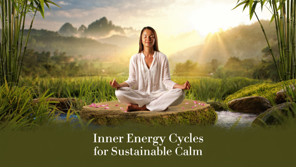A person meditating peacefully in nature at sunrise or sunset, symbolizing balance, harmony, and sustainable energy.