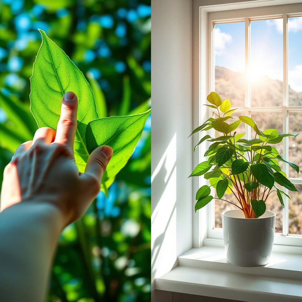 A split image showcasing the beauty of nature and indoor greenery. On the left, a hand gently touches a vibrant green leaf, emphasizing a sense of connection with nature. On the right, a potted plant sits on a windowsill, bathed in natural sunlight streaming through an open window, symbolizing growth and tranquility. The combination highlights the harmony between human touch and the calming presence of plants.