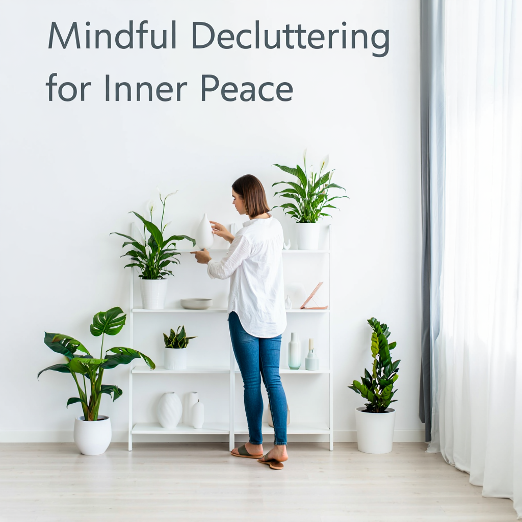 A person mindfully arranging a shelf with plants, symbolizing calm and organization.