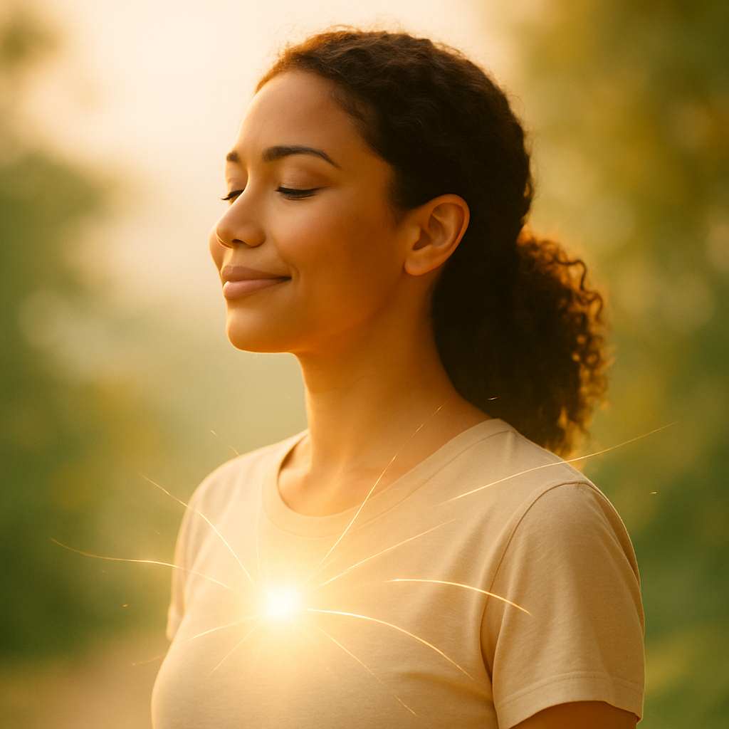 Peaceful woman practicing vagus nerve stimulation with eyes closed and soft golden light around her neck, symbolizing calm and stress relief in a natural setting.