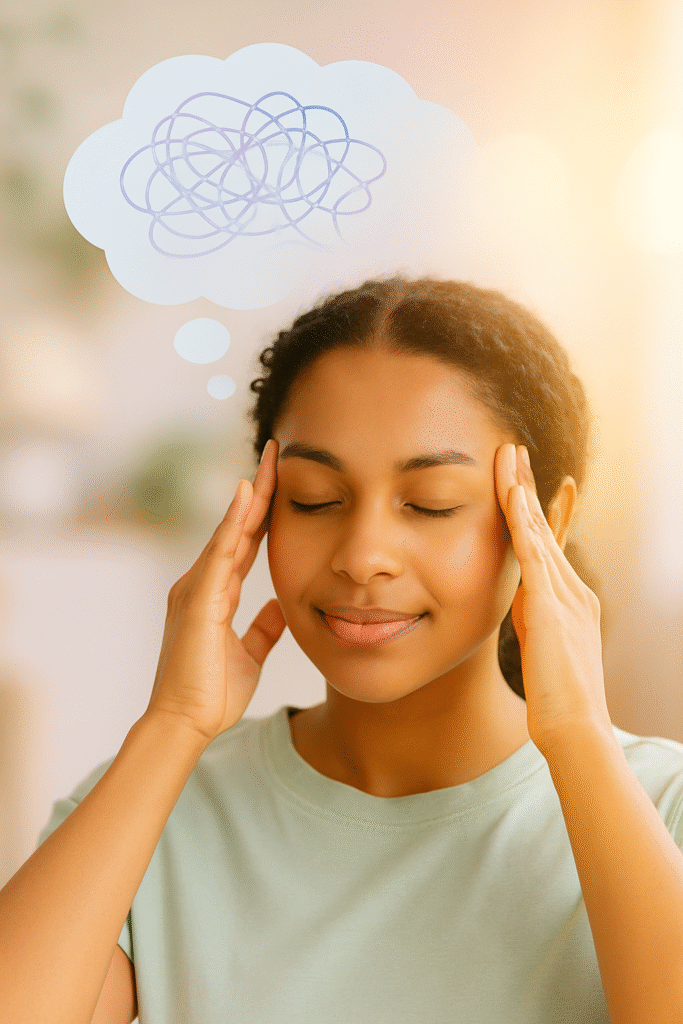 Young woman gently touching her temples with a soft smile, symbolizing mental clarity through micro-mindfulness in a peaceful, pastel-toned environment.