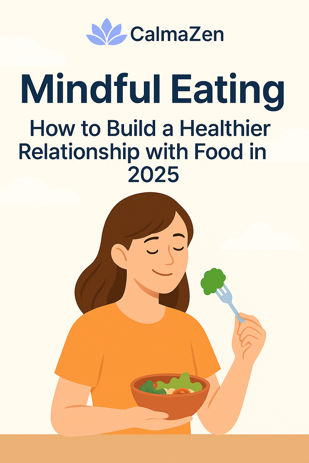 Colorful top-view of a healthy meal with vegetables, grains, and a mindful eating message promoting wellness and balance – featured image for CalmaZen's mindful eating blog post.