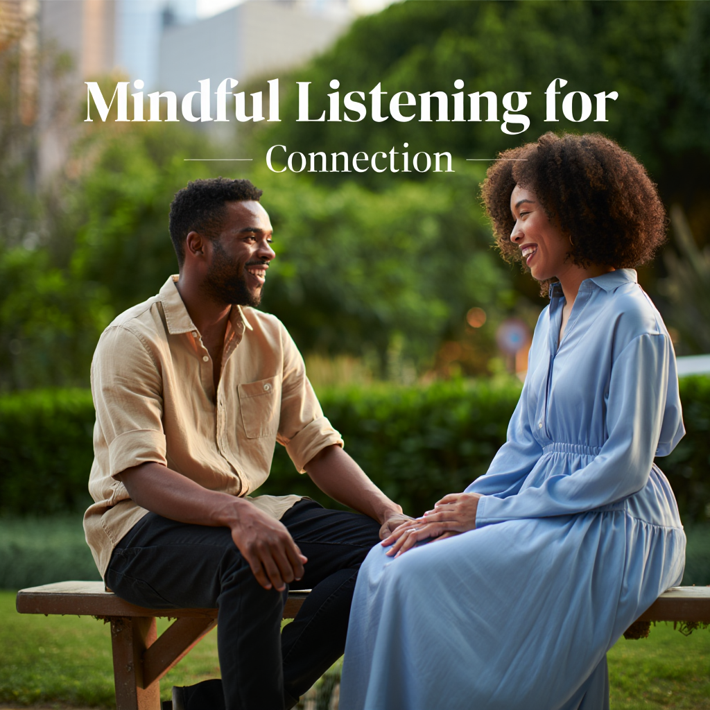 Two people listening attentively, symbolizing connection, empathy, and the calm that comes from mindful communication.