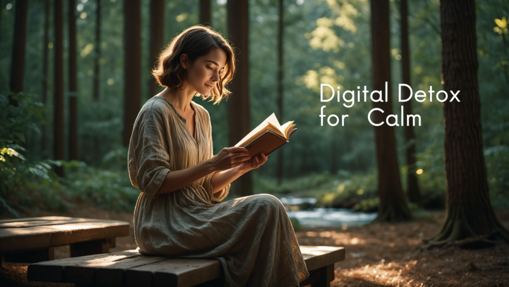 A person peacefully reading a book in nature, symbolizing a digital detox and the calm that comes from disconnecting.
