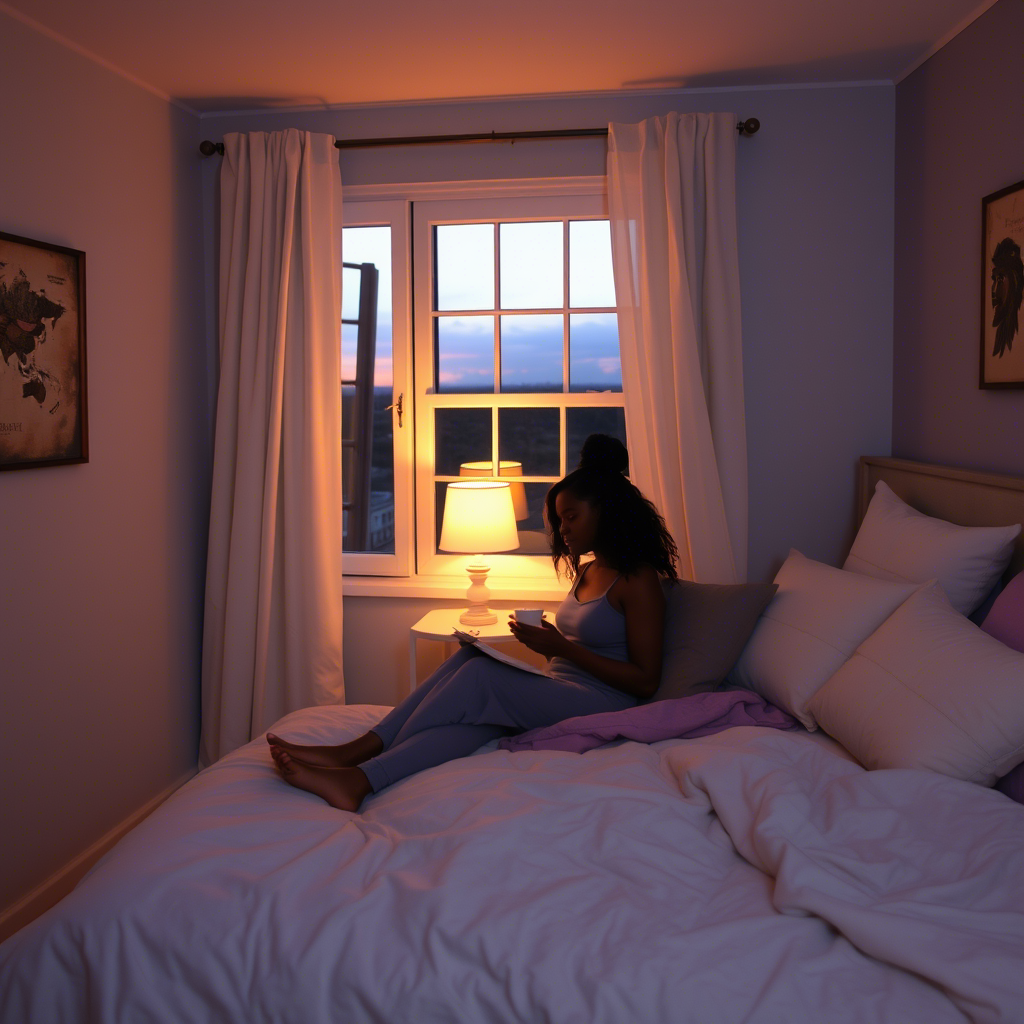 A serene bedroom scene featuring a person sitting on a bed, reading a book near an open window with curtains drawn back to reveal a stunning sunset or sunrise view. Warm, ambient lighting from a bedside lamp casts a cozy glow over the room, creating a peaceful and relaxing atmosphere. The bed is neatly made with soft bedding, and the overall setting exudes tranquility and comfort.